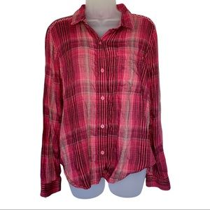 Pink Button Up Plaid Flannel Long Sleeve Country